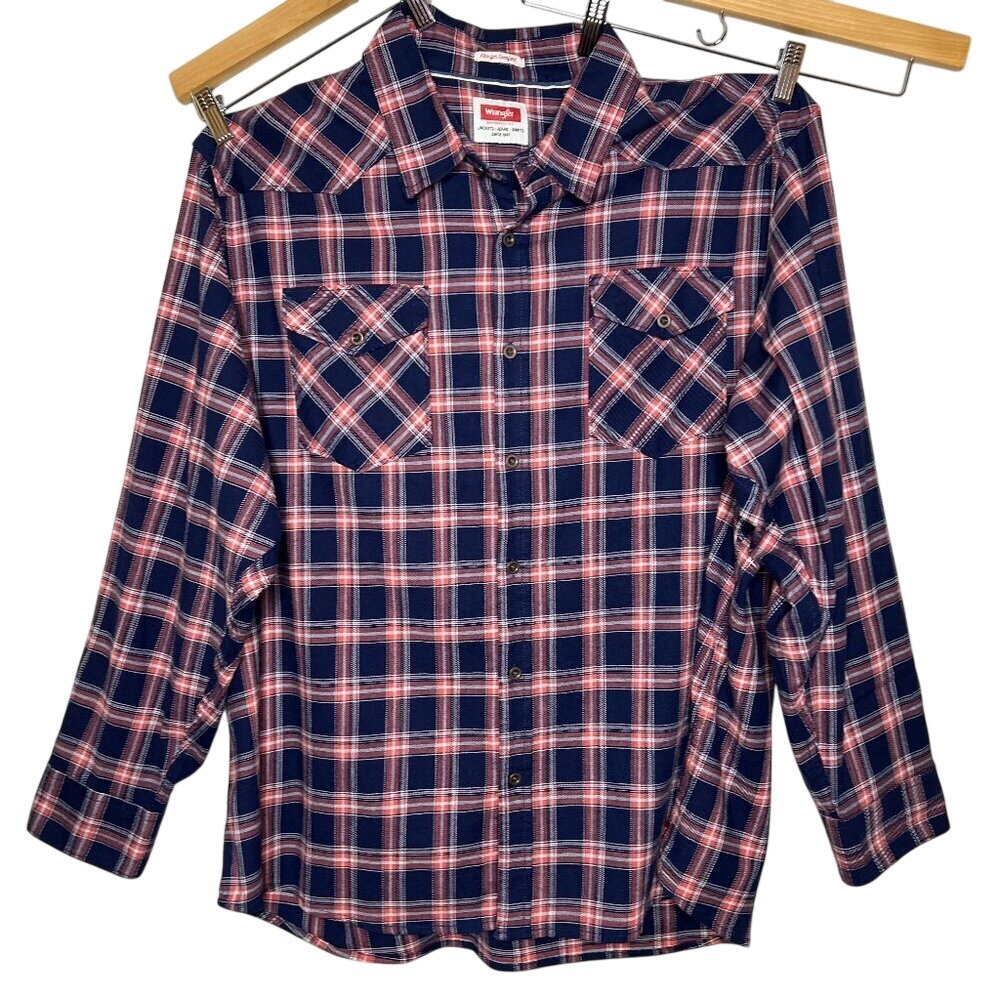 Wrangler Jeans Co Red Blue Shirt Plaid Mens Button Down 3XL Western Fall Autumn
